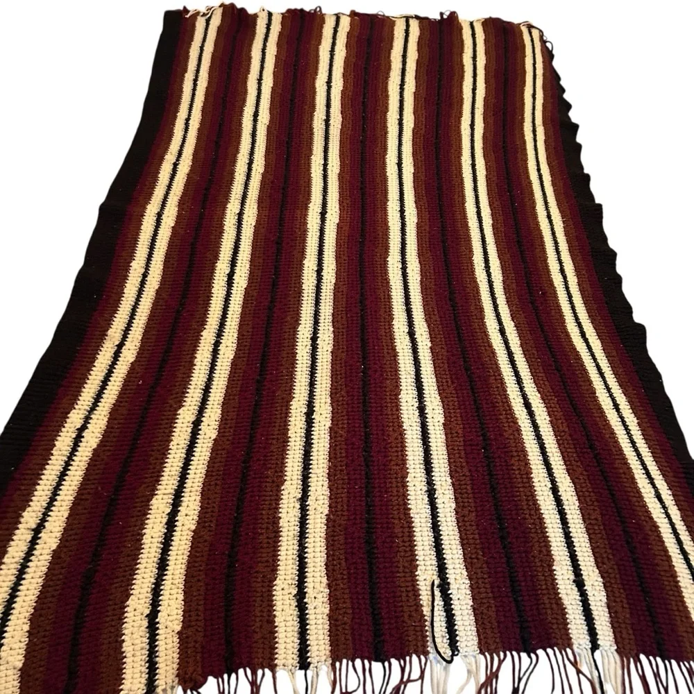 Vintage Crochet Brown Cream Stripe Handmade Blanket Throw Afghan with fringe